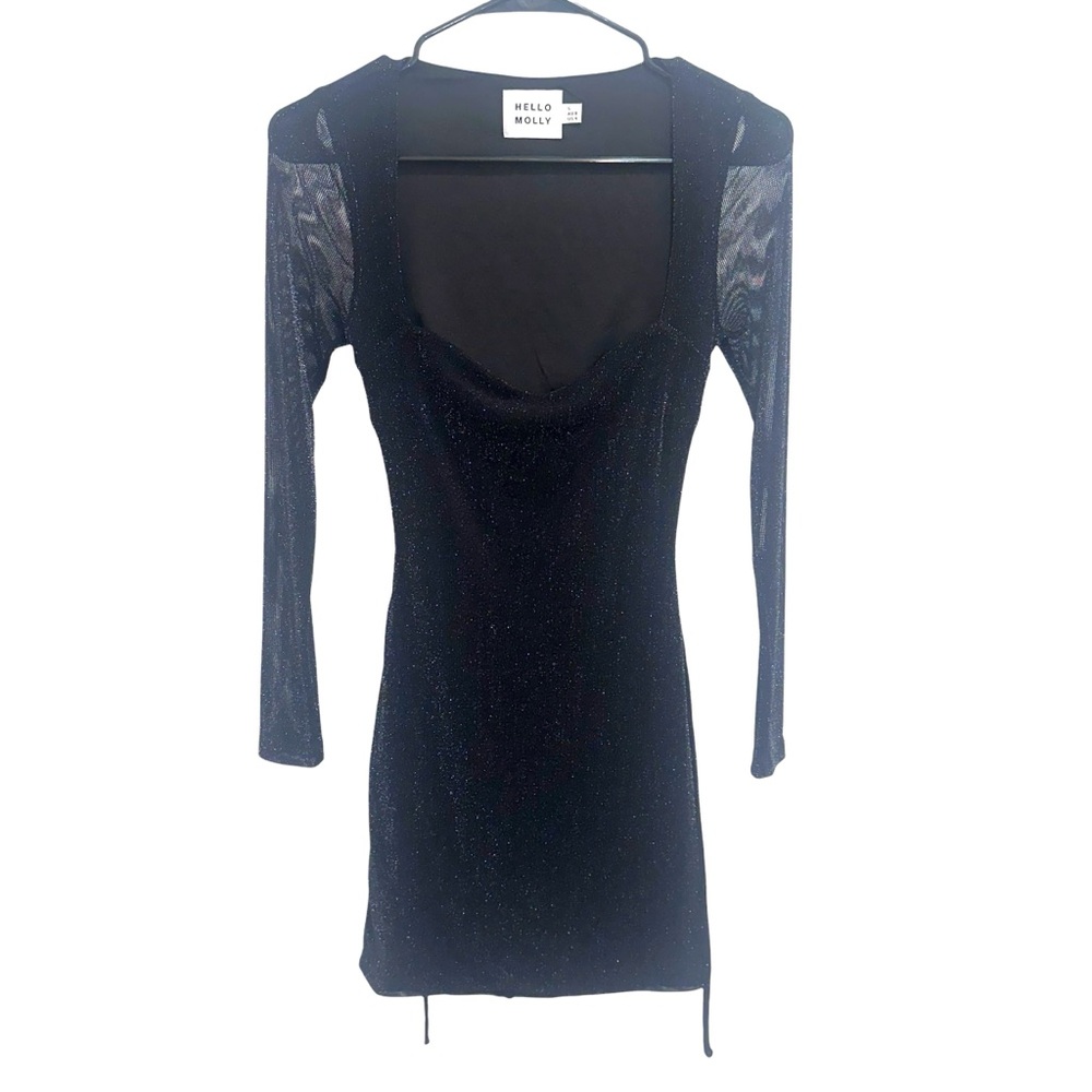 HELLO MOLLY black glittery sheer long sleeve mini dress with open back 4 EUC
